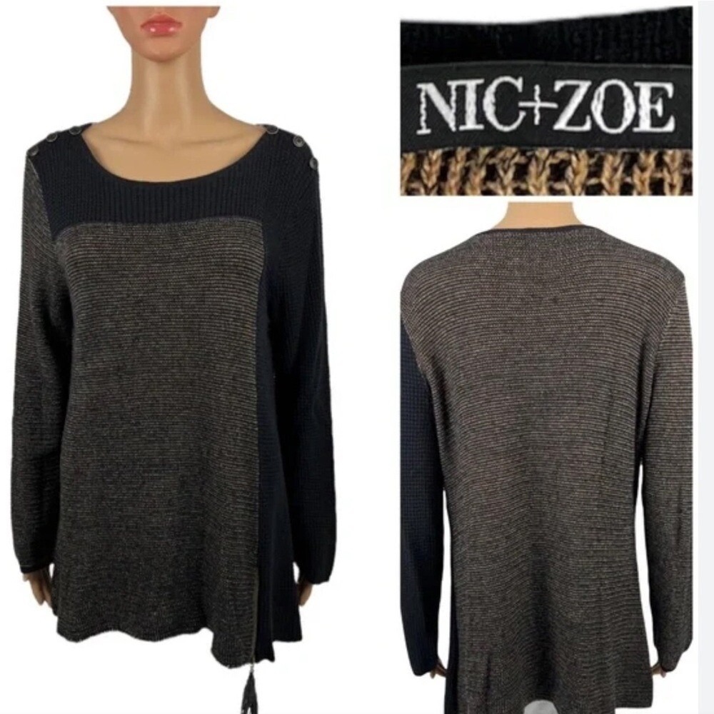 NIC ZOE Womens Med Sweater Brown Black Cotton Blend Long Sleeve Colorblock